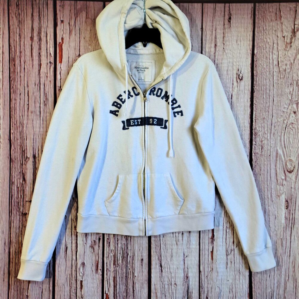 Abercrombie & Fitch Womens M White Full Zip Hoodie Logo Cotton Fleece Pockets